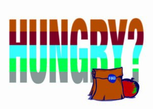 Das Bild zeigt die Schrift "Hungry?" und davor eine braune Brotzeittüte und einen Apfel.