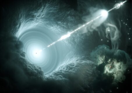 Künstlerische Darstellung des aktiven Galaxienkerns. Das supermassive Schwarze Loch im Zentrum der Akkretionsscheibe schickt einen energiereichen, scharf gebündelten Teilchenstrahl senkrecht ins All. (Bild: DESY/Science Communication Lab)