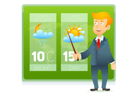 Die Grafik zeigt symbolisch einen Meteorologen vor einer Anzeige mit Wetterdaten (Bild: Colourbox.de)