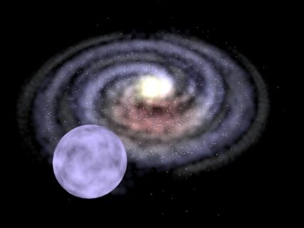 Das Bild zeigt symbolisch eine Grafik einer spiralförmigen Galaxie und eins Planeten.
