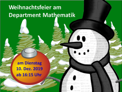 Die Einladungskarte zur Mathematik-Weihnachtsvorlesung zeigt einen Schneemann mit Schal und Hut sowie eine Weihnachtskugel, in der die Uhrzeit und Datum stehen (siehe Text).