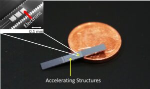 In Silizium geätzte photonische Beschleunigerstrukturen. Der Euro-Cent dient zum Größenvergleich. Die eigentlichen Beschleunigerstrukturen können nur mit Hilfe einer elektronenmikroskopischen Aufnahme klar aufgelöst werden (oben links). (Bild: FAU/LS für Laserphysik)