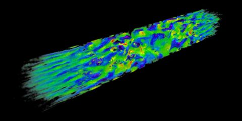 Zur Untersuchung von Schockwellen in Supernova-Überresten erzeugten Frederico Fiuza, Stefan Funk und Kollegen in Laborversuchen Plasmaschockwellen. Hier zeigen Computersimulationen die turbulente Struktur des Magnetfeldes in zwei sich voneinander entfernenden Schockwellen. (Bild: Frederico Fiuza/SLAC National Accelerator Laboratory)