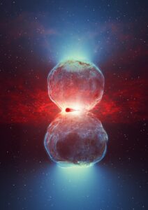 Artist’s impression of the white dwarf and red giant binary system following the nova outburst. Material ejected from the surface of the white dwarf generates shockwaves that rapidly expand, forming an hour-glass shape. Particles are accelerated at these shock fronts, which collide with the dense wind of the red giant star to produce very-high-energy gamma-ray photons. (Credit: DESY/H.E.S.S., Science Communication Lab)