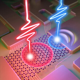 Künstlerische Darstellung der Gold-Graphen Struktur, in der Elektronen-Wellen aus realen und virtuellen Ladungsträgern durch zwei ultrakurze Laserimpulse angeregt werden. Die kombinierte Anregung findet Anwendung in einem ultraschnellen logischen Gatter. (Bild: Michael Osadciw, University of Rochester)