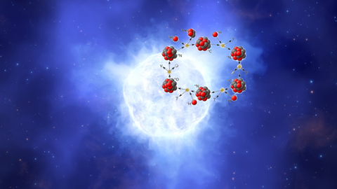 Künstlerische Darstellung eines Gamma Col ähnlichen Sterns. Der überlagerte Kranz stellt den katalytischen nuklearen Kreisprozess dar, durch den normalerweise tief im Sterninnern vier Wasserstoffkerne zu einem Heliumkern verschmolzen werden, wobei riesige Energiemengen freiwerden. (Credit: Collage: Prof. Dr. Norbert Przybilla (Innsbruck); https://www.eso.org/public/images/eso2010a/; https://supernova.eso.org/exhibition/images/0418_cno-1080/)
