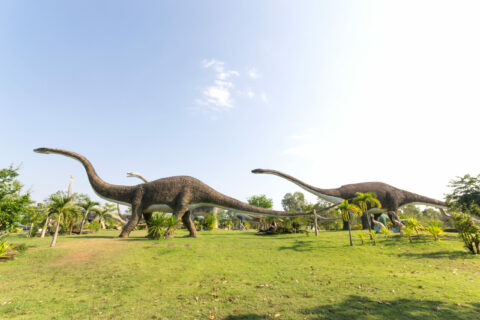 Die Grafik zeigt in fotorealistischer Auflösung mehrere Dinosaurier, die über eine Ebene laufen.