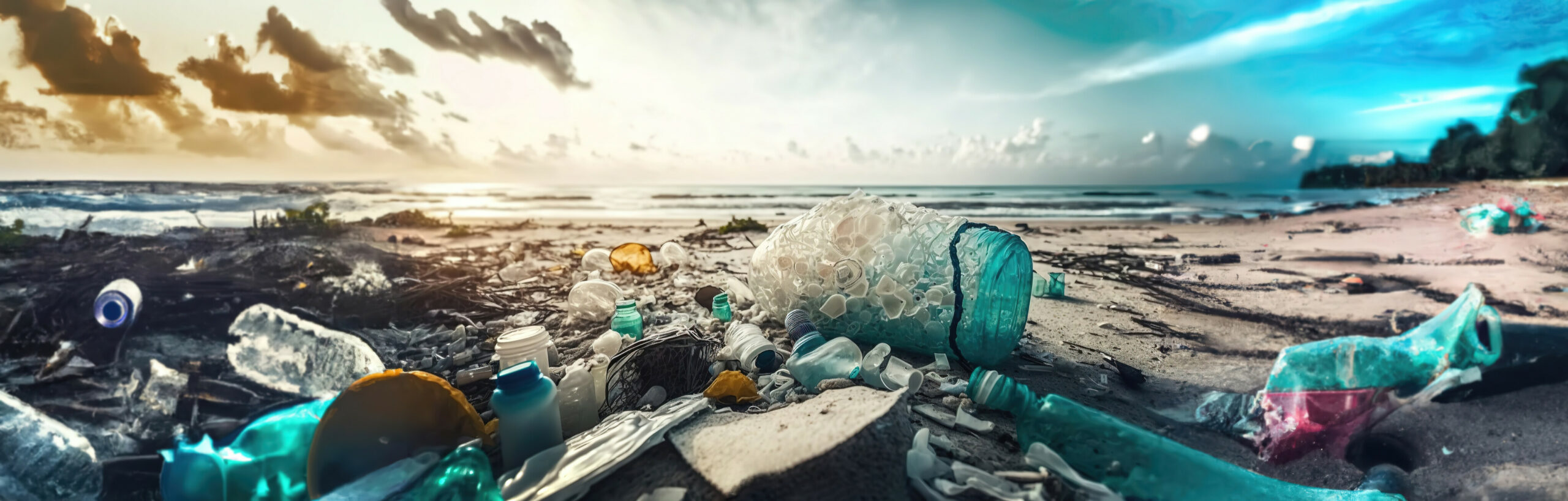 Das Foto zeigt einen Strand, im Hintergrund sieht man das Meer. Im Vordergrund sieht man Plastikmüll herumliegen.