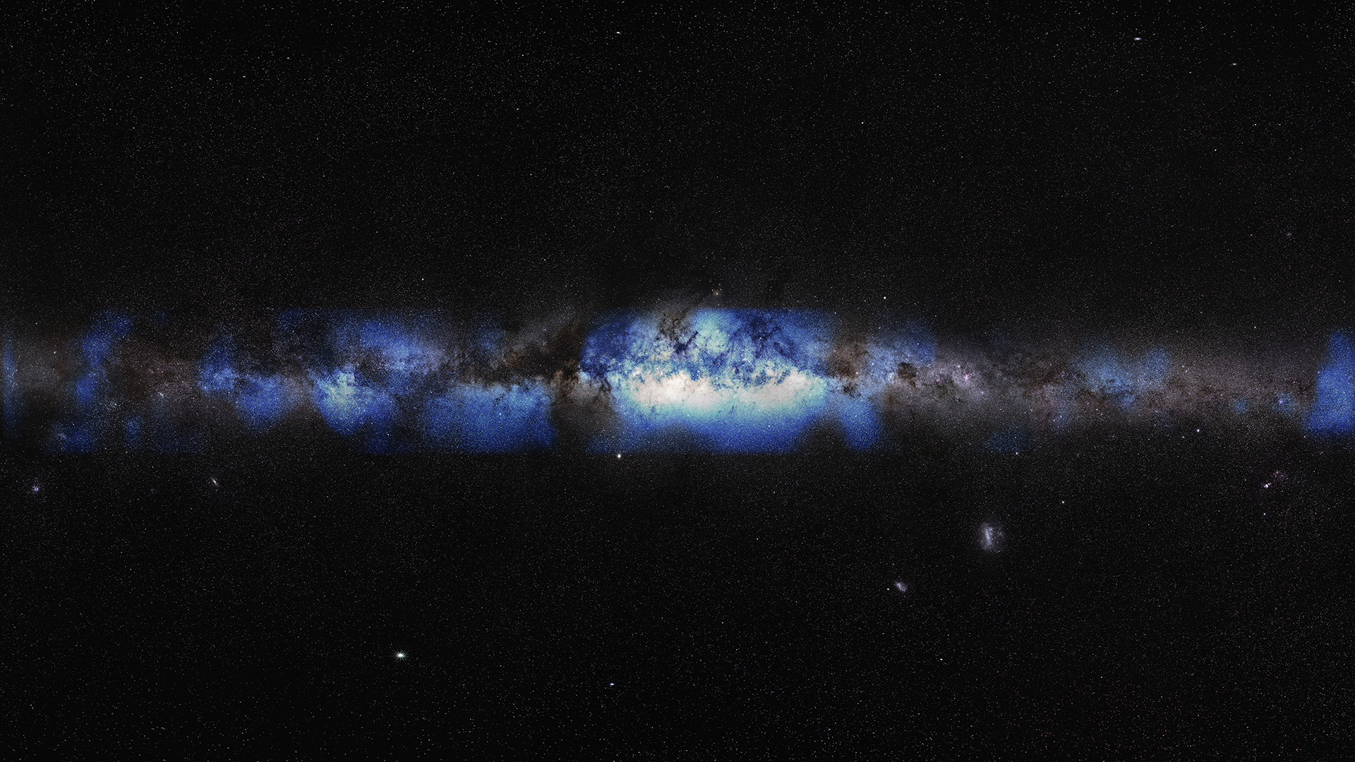 Eine künstlerische Darstellung der Milchstraße durch eine Neutrinolinse (blau). (Bild: IceCube Collaboration/U.S. National Science Foundation (Lily Le & Shawn Johnson)/ESO (S. Brunier))