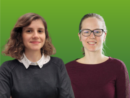 Die Collage zeigt beide Preisträgerinnen im Portrait. Links Dr. Ani Özcelik, rechts Dr. Hannah Zenker. Der Hintergrund ist grün.