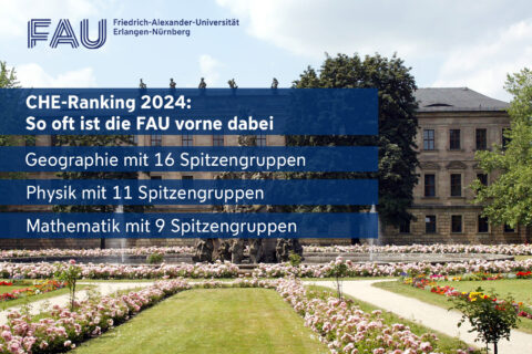 Im Hintergrund sieht man das Erlanger Schloss. Im Vordergrund ist ein Textfeld, in dem noch einmal steht, welche drei Fächer besonders gut bewertet wurden: Geographie, Physik und Mathematik.