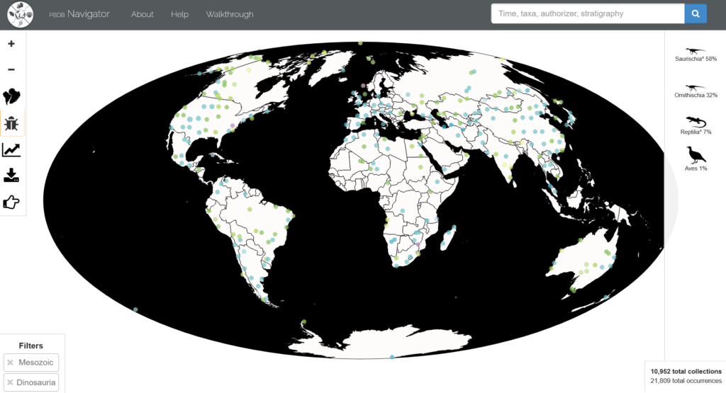 Fundstellen von Dinosauriern in der Paleobiology Database. Diese Datenbank sammelt die in der Literatur beschriebenen Fossilvorkommen weltweit um Biodiversitätsmuster über Jahrmillionen zu rekonstruieren. (Quelle: https://paleobiodb.org)